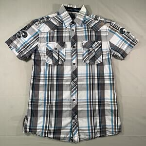Roar® Short Sleeve Blue Plaid Button Down Shirt w/Embroidered Design Size Small